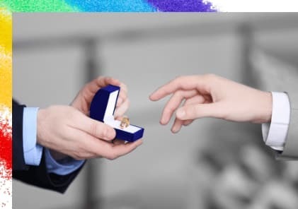 結婚指輪の箱を開けて、相手がそれを受け取ろうと手を差し伸べている画像